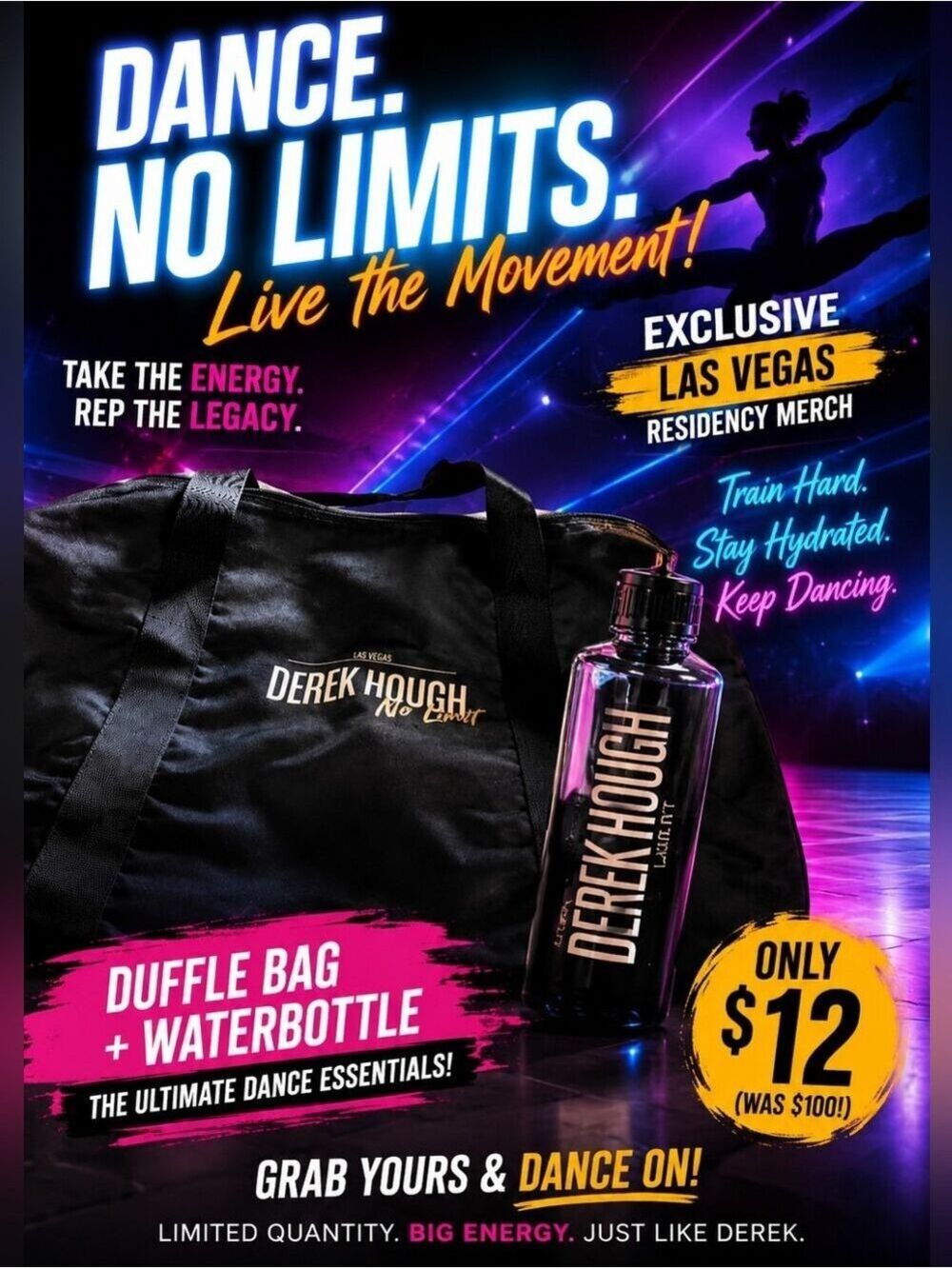 NWOT- Derek Hough  No Limit Las Vegas Residency -duffle bag tote and Waterbottle - Picture 2 of 9